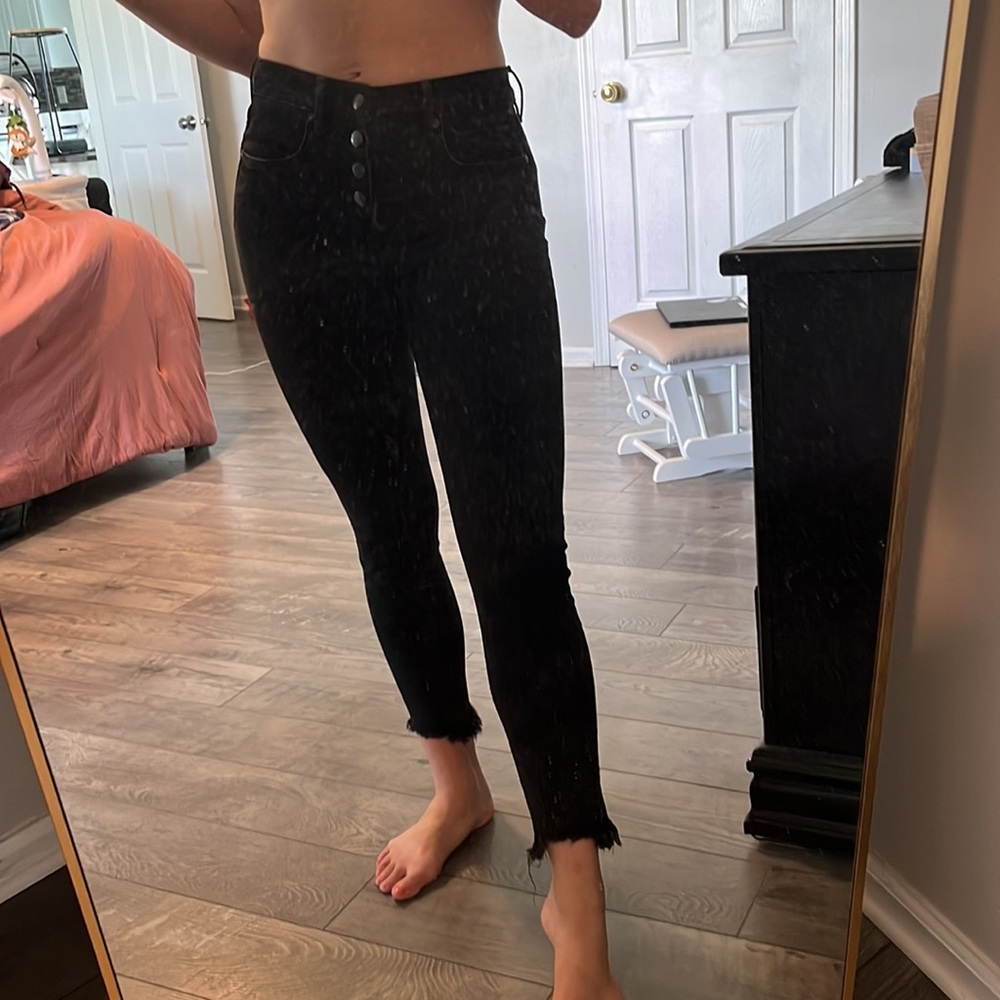 LOFT frayed mid waist skinny jeans